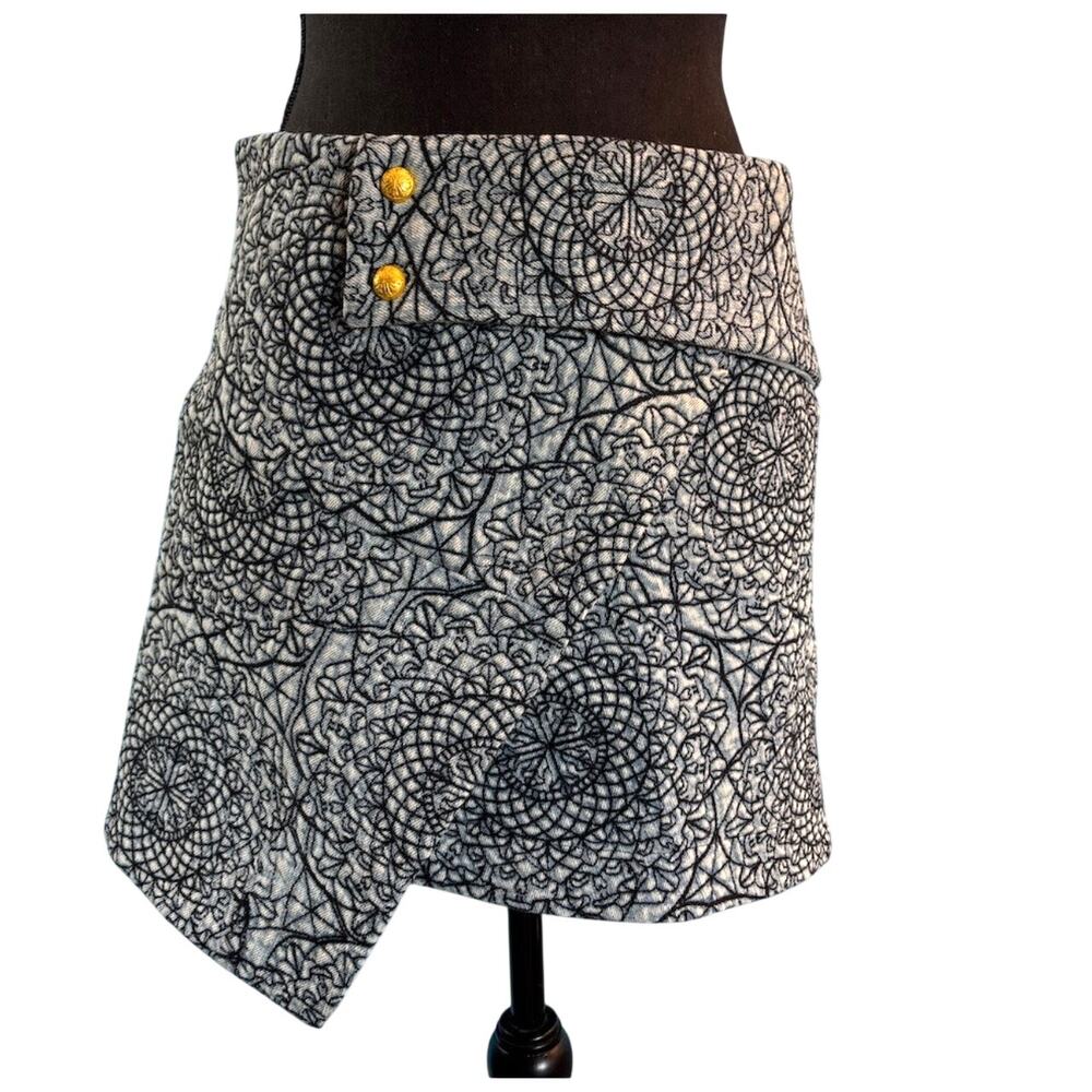 NWT KSUBI Denim Panel Skirt 1/2 Wrap Blue Cotton Lined Snap Close Asymmetrical S